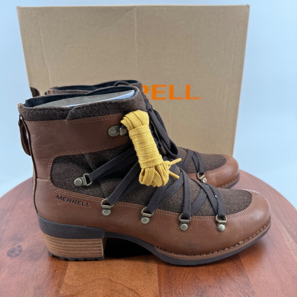 Merrell Shiloh II Warm Boots Womens 10 Oak Brown‎ Leather Wool Rear Zip J004418